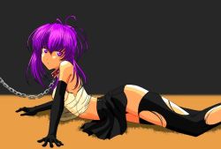 Rule 34 | 00s, 1girl, black gloves, black skirt, black thighhighs, chain, chikage (sister princess), collar, elbow gloves, female focus, gloves, leash, looking at viewer, purple hair, sister princess, skirt, solo, thighhighs, torn clothes, torn thighhighs