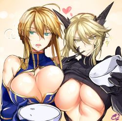 Rule 34 | 2girls, ahoge, artoria pendragon (fate), artoria pendragon (lancer) (fate), artoria pendragon (lancer alter) (fate), bare shoulders, blonde hair, blue eyes, bowl, braid, breasts, chopsticks, cleavage, colored eyelashes, dual persona, elbow gloves, fate/grand order, fate (series), female focus, french braid, gloves, hair between eyes, heart, holding, holding bowl, holding chopsticks, horns, large breasts, long hair, looking at viewer, matching hair/eyes, multiple girls, okitakung, parted lips, smile, underboob, upper body, yellow eyes