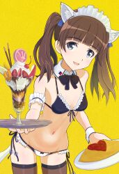 Rule 34 | 1girl, alternate costume, animal ears, bikini, black bikini, black bow, black bowtie, blue eyes, blush, bow, bowtie, brave witches, breasts, brown hair, brown thighhighs, cat ears, cat girl, cat tail, enmaided, food, french flag, frilled bikini, frills, georgette lemare, hair ribbon, highres, ice cream, keicha (kmoekaki), long hair, looking at viewer, maid, maid bikini, maid headdress, navel, open mouth, ribbon, simple background, small breasts, smile, solo, swimsuit, tail, thighhighs, thong bikini, twintails, unconventional maid, world witches series, yellow background