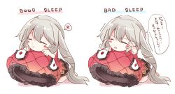 Rule 34 | 1girl, barefoot, blush stickers, english text, fate/grand order, fate (series), grey hair, hat, large hat, long hair, marie antoinette (fate), mirui, multiple views, open mouth, red hat, sleeping, translated, trembling, twintails, unworn headwear, white background