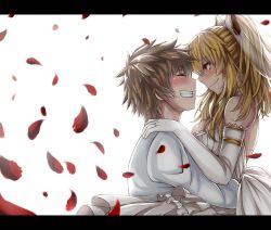 Rule 34 | 1boy, 1girl, bare shoulders, blonde hair, blush, bow, breasts, brown hair, closed eyes, closed mouth, commentary request, couple, dress, elbow gloves, face-to-face, from side, gloves, gran (granblue fantasy), granblue fantasy, hair between eyes, hair bow, happy, hetero, highres, hug, jacket, jewelry, large breasts, letterboxed, long dress, long sleeves, petals, profile, red eyes, ring, rose petals, sanmoto gorouzaemon, short hair, sideways mouth, simple background, smile, veil, vira (granblue fantasy), wedding band, wedding dress, white background, white dress, white gloves, white jacket