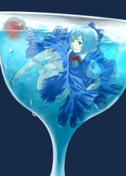Rule 34 | 1girl, barefoot, blue eyes, blue hair, bow, cherry, cirno, cup, dress, drink, feet, female focus, floating, food, fruit, glass, hair ribbon, in container, in cup, matching hair/eyes, mini person, minigirl, mundane utility, ribbon, sakamoto kengo, solo, submerged, touhou