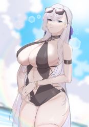 Rule 34 | 1girl, arm strap, azur lane, belfast (azur lane), black one-piece swimsuit, blue eyes, blue ribbon, braid, breasts, cleavage, cleavage cutout, clothing cutout, cloud, cloudy sky, eyebrows hidden by hair, eyewear on head, hair ribbon, highres, in water, large breasts, long hair, looking at viewer, mogi yasunobu, navel, one-piece swimsuit, ribbon, side braid, sky, solo, stomach, stomach cutout, sunglasses, swept bangs, swimsuit, thighs, water, white hair