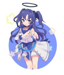 Rule 34 | 1girl, blue archive, blue background, detached sleeves, hair between eyes, hair ornament, halo, heart, heart hands, highres, idol clothes, long hair, mischievous straight uniform (blue archive), open mouth, purple eyes, purple hair, simple background, star (symbol), twintails, watanuki 416, white background, yuuka (blue archive)