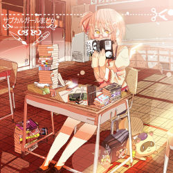 Rule 34 | 10s, 1girl, bag, bespectacled, book, cellphone, classroom, cut-here line, desk, dotted line, english text, engrish text, glasses, gozaemon, handheld game console, holding, holding book, inkwell, kaname madoka, keyboard (computer), lens flare, looking at viewer, mahou shoujo madoka magica, mahou shoujo madoka magica (anime), open book, phone, pink hair, playstation portable, ranguage, reading, red-framed eyewear, school, school desk, school uniform, scissors, semi-rimless eyewear, short hair, side ponytail, solo, tissue, tissue box, ultimate madoka, under-rim eyewear, wings, yellow eyes