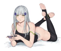 Rule 34 | 1girl, ass, bare shoulders, barefoot, black shirt, black thighhighs, blue hair, breasts, cellphone, collarbone, crossed legs, feet up, full body, girls&#039; frontline, green eyes, hair ornament, hairclip, highres, hk416 (girls&#039; frontline), holding, holding phone, legs up, light blue hair, long hair, looking at viewer, lying, medium breasts, on stomach, open mouth, phone, seilindekos, shirt, sidelocks, smartphone, soles, solo, stirrup legwear, teardrop facial mark, teardrop tattoo, the pose, thighhighs, thighs, toeless legwear, toes, white background