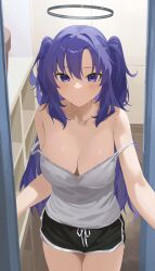 Rule 34 | 1girl, absurdres, bare shoulders, black shorts, blue archive, blush, breasts, camisole, cleavage, collarbone, dolphin shorts, doorway, grey camisole, halo, highres, looking at viewer, medium breasts, mm (mhm2592), pov doorway, purple eyes, purple hair, short shorts, shorts, smile, solo, strap slip, two side up, yuuka (blue archive)