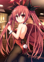Rule 34 | 1girl, animal ears, ass, black pantyhose, blazer, bottle, candy, cowboy shot, date a live, detached collar, fake animal ears, food, from behind, highres, itsuka kotori, jacket, kmcgold30, leotard, lollipop, long hair, looking at viewer, pantyhose, playboy bunny, rabbit ears, rabbit tail, red eyes, red hair, red leotard, solo, strapless, strapless leotard, tail, twintails, wine bottle, wrist cuffs