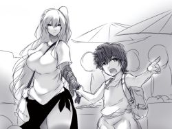 Rule 34 | 10s, 1boy, 1girl, abyssal ship, aircraft carrier princess, backpack, bag, between breasts, black hair, breasts, cleavage, colored skin, dandara (karakure), greyscale, holding hands, hetero, kantai collection, large breasts, long hair, monochrome, one side up, open mouth, shirt, short hair, shorts, strap between breasts, t-shirt, tank top, very long hair, white hair, white skin