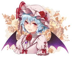 Rule 34 | 1girl, bat wings, blue hair, brooch, closed mouth, fang, fang out, flower, hat, hat flower, hat ribbon, highres, jewelry, looking at viewer, mise yuzuki, mob cap, pink hat, pointy ears, portrait, puffy short sleeves, puffy sleeves, red eyes, red flower, red ribbon, red rose, remilia scarlet, ribbon, rose, short hair, short sleeves, slit pupils, solo, touhou, white background, wings