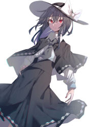 Rule 34 | 1girl, absurdres, black capelet, black hair, black hat, black skirt, bow, capelet, closed mouth, collared shirt, cowboy shot, fingernails, grey necktie, hair bow, hand on own hip, hat, hat bow, highres, light frown, long skirt, long sleeves, looking at viewer, medium hair, muraryo, nail polish, necktie, red eyes, red nails, shirt, sidelocks, simple background, skirt, sleeve cuffs, solo, touhou, usami renko, white background, white bow, white shirt