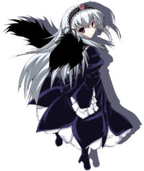 Rule 34 | 00s, 1girl, black dress, black wings, chu (chu inthis), dress, frilled sleeves, frills, from behind, full body, gothic lolita, hairband, lolita fashion, lolita hairband, long hair, long sleeves, looking at viewer, looking back, pink eyes, rozen maiden, silver hair, simple background, solo, suigintou, white background, wings