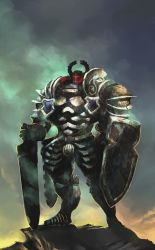 Rule 34 | 1boy, absurdres, armor, dragon&#039;s crown, fighter (dragon&#039;s crown), full body, gradient background, helmet, highres, homex, knight, male focus, outdoors, shield, sky, solo, sword, vanillaware, weapon
