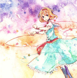 Rule 34 | 1girl, alice margatroid, blonde hair, blue eyes, boots, capelet, dress, female focus, gradient background, hairband, highres, open mouth, painting (medium), shiratsuyu (nagatukihakuro), short hair, solo, touhou, traditional media, watercolor (medium), wire