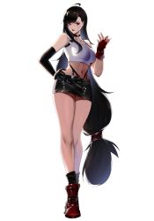Rule 34 | 1girl, absurdres, ahoge, asymmetrical gloves, bare legs, bare shoulders, black choker, black eyes, black gloves, black hair, black skirt, black socks, boots, choker, crop top, elbow gloves, final fantasy, final fantasy vii, fingerless gloves, full body, gloves, hand up, highres, long hair, looking at viewer, low-tied long hair, midriff, miniskirt, mismatched gloves, navel, parted lips, pencil skirt, red footwear, simple background, skirt, socks, solo, standing, stomach, swept bangs, tank top, thighs, tifa lockhart, very long hair, white background, white tank top, yiran