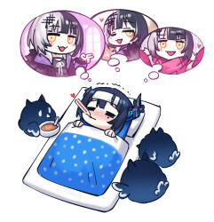 Rule 34 | 2girls, :3, = =, adarin, asymmetrical horns, black coat, black dress, black hair, black horns, blue hair, blush, bowl, chibi, closed eyes, closed mouth, coat, colored inner hair, commentary, demon horns, dress, fever, food, fur-trimmed coat, fur trim, futon, grey hair, hair ornament, heart, holding, holding bowl, hololive, hololive english, horns, jailbird (nerissa ravencroft), long hair, lying, meme, mole, mole under eye, multicolored hair, multiple girls, nerissa ravencroft, on back, one eye closed, open clothes, open coat, open mouth, pov cheek warming (meme), red scarf, scarf, shiori novella, sick, simple background, smile, soup, split-color hair, thermometer, thought bubble, towel, towel on head, trembling, two-tone hair, under covers, uneven horns, v, virtual youtuber, white background, worried, yellow eyes