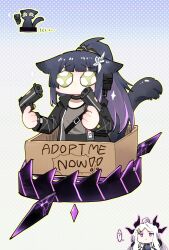 Rule 34 | 2girls, :&lt;, ?, ahoge, animal ears, arknights, belt, black cat, black coat, black hair, blue archive, blunt bangs, box, cardboard box, cat, cat ears, cat girl, cat tail, chibi, coat, coat on shoulders, colored inner hair, commentary, company connection, demon girl, demon horns, droopy ears, dual wielding, english commentary, english text, finger on trigger, floating, flower, forehead, fur-trimmed coat, fur trim, green eyes, hair flower, hair ornament, hairclip, halo, headphones, highres, hina (blue archive), holding, horns, id card, in box, in container, infection monitor (arknights), jessica (arknights), jessica the liberated (arknights), jewelry, long hair, long sleeves, looking at another, military uniform, multicolored hair, multiple girls, neck ring, nervous, no grad, open clothes, open coat, parted bangs, ponytail, purple eyes, robotic vacuum cleaner, sad, sam browne belt, sidelocks, simple background, spoken question mark, tail, tearing up, two-tone hair, uniform, wavy hair, white hair, yostar