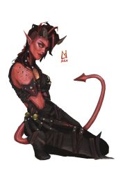 Rule 34 | armor, artist request, asymmetrical hair, baldur&#039;s gate, baldur&#039;s gate 3, bandeau, black bandeau, broken horn, colored skin, demon girl, demon horns, demon tail, dungeons &amp; dragons, highres, horns, karlach, leather armor, muscular, muscular female, pointy ears, red skin, sidecut, tail, undercut