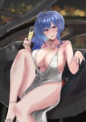 Rule 34 | 1girl, azur lane, backless dress, backless outfit, bare shoulders, blue hair, blue nails, blush, bracelet, breasts, car, car interior, champagne flute, cleavage, cup, dress, drinking glass, earrings, evening gown, grey dress, hair between eyes, hair ornament, hairclip, halter dress, halterneck, high heels, highres, holding, holding cup, jewelry, large breasts, looking at viewer, mclaren p1, motor vehicle, nail polish, necklace, parted lips, plunging neckline, revealing clothes, side ponytail, sidelocks, silver dress, silver footwear, smodzz998, st. louis (azur lane), st. louis (luxurious wheels) (azur lane), thighs