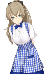 Rule 34 | 10s, 1girl, alternate costume, apron, arms behind back, blouse, blue bow, blue bowtie, bow, bowtie, brown hair, gingham apron, green eyes, hair bow, kantai collection, kobeya uniform, kumano (kancolle), long hair, looking at viewer, plaid, plaid apron, revision, rokuwata tomoe, shirt, simple background, smile, solo, standing, white background, white shirt