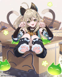 Rule 34 | 1girl, :3, :d, ^ ^, ahoge, animal ear fluff, animal ears, animal hands, artist name, bare shoulders, bell, black choker, black socks, blue sleeves, blush, box, bridal gauntlets, brown hair, cardboard box, cat ears, cat girl, cat tail, chimamemaru, choker, claw pose, closed eyes, detached sleeves, eyelashes, flower (symbol), fur trim, genshin impact, green eyes, grey background, hair between eyes, hair intakes, hair ornament, hairclip, hands up, highres, in box, in container, japanese clothes, jingle bell, kirara (genshin impact), lens flare, light particles, long hair, looking at viewer, loose socks, multiple tails, open mouth, pawpads, short sleeves, sidelocks, signature, simple background, sitting, smile, socks, solo, sparkle, tail, teeth, twitter username, upper teeth only, watermark