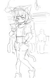 Rule 34 | 1girl, 3boys, :3, animal ears, blush, cat ears, cat tail, cellphone, closed eyes, closed mouth, collarbone, crop top, embarrassed, flat chest, greyscale, half-closed eyes, hand in pocket, hand up, happy, have to pee, heel up, holding, holding phone, japanese text, knees together feet apart, looking down, midriff, monochrome, multiple boys, mutoo, navel, nose blush, original, phone, shirt, shoes, short hair, short shorts, short sleeves, shorts, sitting, sketch, smile, solo focus, standing, suspenders, sweat, tail, train interior, translation request