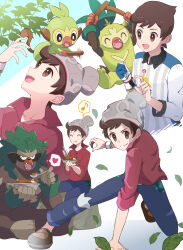 Rule 34 | 1boy, :d, brown eyes, brown hair, collared shirt, commentary request, creatures (company), curry, dynamax band, eating, evolutionary line, falling leaves, food, game freak, gen 8 pokemon, gloves, grookey, gym challenge uniform, haru (haruxxe), highres, holding, holding poke ball, leaf, male focus, multiple views, musical note, nintendo, open mouth, pants, partially fingerless gloves, plaid, poke ball, poke ball (basic), pokemon, pokemon (creature), pokemon swsh, red shirt, rillaboom, shirt, shoes, short hair, single glove, smile, thwackey, tongue, victor (pokemon)