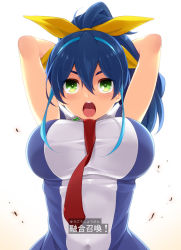 Rule 34 | 1girl, aburidashi zakuro, arms behind head, blue hair, breasts, female focus, gradient background, green eyes, hair ribbon, large breasts, looking at viewer, multicolored hair, open mouth, ponytail, ribbon, serena (yu-gi-oh!), solo, translation request, two-tone hair, upper body, yu-gi-oh!, yu-gi-oh! arc-v
