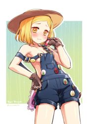 Rule 34 | 1girl, badge, blonde hair, blush, breasts, chainsaw, commentary request, cowboy shot, fate/grand order, fate (series), gloves, hat, leaning back, looking at viewer, medium breasts, no bra, orange eyes, overalls, paul bunyan (fate), paul bunyan (third ascension) (fate), reika (clovia studio), short hair, smiley face, solo, strap slip, wavy mouth