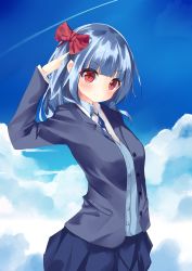 Rule 34 | 1girl, absurdres, arm up, blazer, blue cardigan, blue hair, blue jacket, blue ribbon, blue skirt, blue sky, blush, bow, breasts, cardigan, closed mouth, cloud, collared shirt, day, dress shirt, hair bow, hamaru (s5625t), head tilt, highres, jacket, long hair, neck ribbon, open jacket, open clothes, open jacket, original, outdoors, pleated skirt, red bow, red eyes, ribbon, salute, school uniform, shirt, skirt, sky, small breasts, smile, solo, white shirt