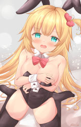 Rule 34 | 1girl, absurdres, akai haato, animal ears, blonde hair, blue eyes, blush, bow, bowtie, breast hold, breasts, cleavage, covering privates, covering breasts, embarrassed, fake animal ears, hair ornament, hands over breasts, heart, heart hair ornament, highres, hololive, kanti15, large breasts, leotard, open mouth, playboy bunny, rabbit ears, tears, thighhighs, virtual youtuber