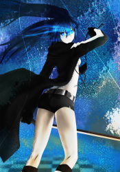 Rule 34 | 10s, 1girl, ass, black hair, black rock shooter, black rock shooter (character), blue eyes, bra, breasts, coat, expressionless, female focus, flaming eye, from behind, gloves, highres, long hair, looking back, scar, short shorts, shorts, sideboob, solo, sword, twintails, underwear, watarui, weapon