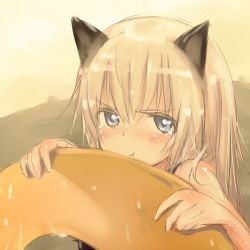 Rule 34 | 1girl, :t, animal ears, blonde hair, blue eyes, blush, helma lennartz, innertube, long hair, looking at viewer, pout, sandwich (artist), solo, strike witches, strike witches: suomus misfits squadron, swim ring, tears, tsuchii (ramakifrau), wet, world witches series