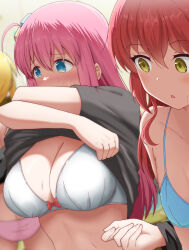 Rule 34 | 3girls, :o, @ @, absurdres, ass, black shirt, blue bra, blue eyes, blush, bocchi the rock!, bra, breast envy, breasts, cleavage, clothes lift, commentary, cube hair ornament, flat chest, gotoh hitori, green eyes, hair ornament, highres, ijichi nijika, kita ikuyo, large breasts, lifting own clothes, long hair, multiple girls, paid reward available, panties, pink hair, pink panties, poa mellhen, raised eyebrows, red hair, shirt, shirt lift, shy, side ahoge, underwear, undressing, white bra