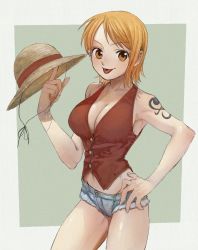 Rule 34 | 1girl, :p, absurdres, bare shoulders, breasts, cleavage, commentary request, cosplay, denim, denim shorts, hand on own hip, hat, highres, holding, holding clothes, holding hat, large breasts, looking at viewer, monkey d. luffy, monkey d. luffy (cosplay), nami (one piece), navel, one piece, open mouth, orange eyes, orange hair, red vest, short hair, short shorts, shorts, simple background, solo, straw hat, tattoo, tongue, tongue out, unworn hat, unworn headwear, urasanmyaku, vest