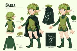 Rule 34 | 1girl, adapted costume, blue eyes, boots, brooch, cape, full body, green background, green hair, hair ornament, hairband, hairpin, jewelry, lulles, multiple views, nintendo, pointy ears, saria (zelda), short hair, shorts, smile, solo, standing, sweater, the legend of zelda, the legend of zelda: ocarina of time, turnaround, turtleneck, turtleneck sweater, vest