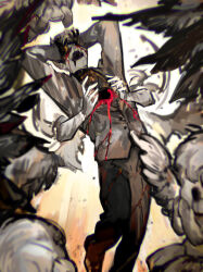 Rule 34 | 1boy, angel, arms up, black pants, black sweater, blood, bloody tears, covering own eyes, cracked skin, extra arms, grey jacket, highres, hole in chest, hole on body, jacket, library of ruina, male focus, nishikujic, pants, philip (project moon), project moon, screaming, solo, statue, sweater, wings