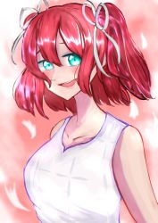 Rule 34 | 1girl, aqua eyes, artist name, artist request, bare shoulders, blush, breasts, checkered clothes, checkered dress, close-up, collarbone, dress, earrings, feather earrings, feathers, female focus, green eyes, hair between eyes, hair ribbon, highres, jewelry, kurosawa ruby, looking at viewer, love live!, love live! school idol festival, love live! sunshine!!, parted lips, plaid, plaid dress, pleated, pleated dress, red hair, ribbon, short hair, skirt, sleeveless, sleeveless dress, small breasts, smile, solo, the story of feather (love live!), twintails, two side up, upper body, white dress, white ribbon, white skirt