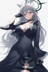 Rule 34 | 1girl, animal ear fluff, animal ears, black choker, black dress, black gloves, blue archive, breasts, broken halo, choker, cleavage, closed mouth, collarbone, cross hair ornament, dark halo, dress, extra ears, gloves, grey background, grey hair, hair ornament, hairclip, halo, hand up, highres, large breasts, long hair, long sleeves, looking at viewer, me meel, mismatched pupils, shiroko (blue archive), shiroko terror (blue archive), solo, thigh strap, wide sleeves, wolf ears