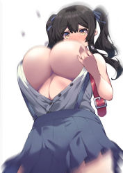 Rule 34 | 1girl, black hair, blue skirt, blush, breasts, hair between eyes, highres, large breasts, motion blur, oppai loli, original, popped button, shiroie mika, shirt, short hair, simple background, skirt, solo, suspender skirt, suspenders, thighs, twintails, unbuttoned, unbuttoned shirt, white background, white shirt, yellow eyes