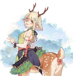 Rule 34 | 1girl, :d, ahoge, animal ears, antlers, armlet, artist name, backless dress, backless outfit, bare shoulders, black bra, blush, bra, braid, breasts, centauroid, chinese commentary, commentary request, cowboy shot, dated, deer antlers, deer ears, detached sleeves, douwo mkd, dress, flower, french braid, frilled dress, frills, from side, furry, furry female, green dress, green eyes, grey hair, hair between eyes, hair flower, hair ornament, highres, horns, looking at viewer, mole, mole under eye, monster girl, open mouth, original, partial commentary, pink ribbon, ribbon, sash, see-through, see-through dress, short eyebrows, short hair, sidelocks, small breasts, smile, snout, solo, standing, tail, tail ornament, tail ribbon, taur, underwear, white sleeves, wrist cuffs