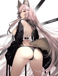 Rule 34 | 1girl, alternate costume, animal ears, ass, breasts, character name, fate/extra, fate/grand order, fate (series), fox ears, fox girl, fox tail, highres, long hair, long sleeves, looking at viewer, looking back, pink hair, see-through, sideboob, solo, sora 72-iro, tail, tamamo (fate), tamamo no mae (fate/extra), thong, very long hair, white background, yellow eyes