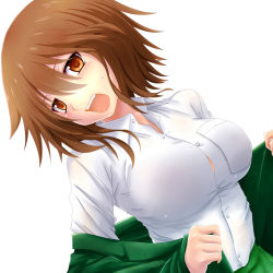 Rule 34 | 1girl, blazer, blush, breasts, brown eyes, brown hair, dress shirt, dutch angle, green skirt, highres, jacket, large breasts, looking at viewer, open mouth, original, school uniform, shirt, short hair, simple background, skirt, solo, upper body, watarui, white background, white shirt