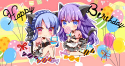 Rule 34 | 2girls, alternate costume, animal ears, apron, asahina yori, balloon, black bow, black dress, blue eyes, blue hair, blush, bow, braid, breasts, candy, cat, cat tail, chibi, cleavage, closed mouth, colored eyelashes, commentary, crossed bangs, crown braid, dress, enmaided, eyes visible through hair, fake animal ears, fake tail, food, frilled apron, frills, hair between eyes, hair bow, happy birthday, highres, holding, holding candy, holding food, holding ice cream, holding lollipop, ice cream, kneeling, knees up, lollipop, long hair, looking at viewer, maid, maid apron, medium breasts, multicolored background, multiple girls, puffy short sleeves, puffy sleeves, purple hair, red eyes, short sleeves, siblings, sidelocks, simple background, sisters, sitting, small breasts, smile, sorakado ai, sorakado ao, star (symbol), summer pockets, tail, very long hair, white apron