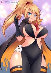 Rule 34 | 1girl, alternate costume, blonde hair, blue eyes, breasts, candy, cape, cleavage, cosplay, food, gloves, grin, halloween, halloween costume, hand on own hip, high ponytail, large breasts, long hair, looking at viewer, metroid, night, night sky, nintendo, ponytail, revealing clothes, ribbon, samus aran, shiny skin, sideboob, sky, smile, solo, standing, striped clothes, striped thighhighs, sugarbell, thighhighs, thighs, vampire costume