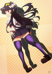 1563ichikorosan 1girl ass black_hair colored_sclera dutch_angle filia_(skullgirls) from_behind full_body gingham hand_on_own_hip long_hair panties pleated_skirt red_eyes samson_(skullgirls) school_uniform sharp_teeth shoes skirt skullgirls smile solo teeth thighhighs underwear upskirt yellow_sclera