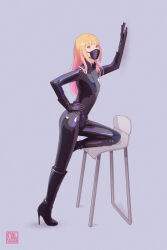 Rule 34 | 1boy, bdsm, blonde hair, boots, high heels, highres, latex, long hair, mask, mouth mask, olliolli30, original, simple background, solo, trap