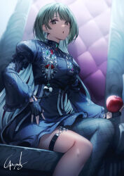 Rule 34 | 1girl, apple, blue dress, blue gloves, blue nails, dress, earrings, fingerless gloves, fingernails, fishnet pantyhose, fishnets, food, fruit, genyaky, gloves, green hair, grey eyes, heart-shaped lock, highres, jewelry, lipstick mark, looking at viewer, nail polish, original, pantyhose, parted lips, red apple, single leg pantyhose, sitting, solo, thigh strap, throne