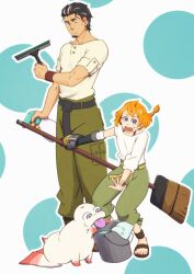 Rule 34 | 1boy, 1girl, :o, bear, black hair, blue eyes, bottle, broom, bucket, decadence (anime), green pants, holding, holding broom, kaburagi (decadence), natsume (decadence), orange hair, pants, pipe (decadence), pocket, prosthesis, prosthetic arm, sandals, seventhquark, shirt, short ponytail, short sleeves, spray bottle, squeegee, standing, sweatdrop, tongue, tongue out, white shirt, wristband