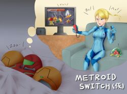 1girl ? alien blonde_hair blue_bodysuit blue_eyes bodysuit breasts clenched_hands collarbone couch covered_navel dreaming eyelashes female_focus focused gameplay_mechanics hair_between_eyes hands_up high_ponytail indoors large_breasts legs long_hair metroid metroid_(creature) mole mole_under_mouth neck nintendo nintendo_switch open_mouth playing_games ponytail power_suit print_bodysuit samus_aran sidelocks sitting skin_tight sleeping swept_bangs thighs turtleneck turtleneck_bodysuit wakaba_(wata_ridley) zero_suit zzz